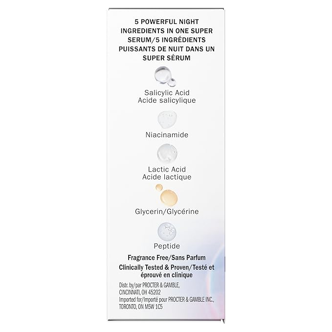 Olay Super Serum Night Repair, Fragrance-Free - Niacinamide, Peptide, Salicylic & Lactic Acid, Glycerin - 5-in-1 Skin Care Benefits - Hydrating, Evens Tone, Reduces Dark Spots, Anti-Aging, 1.7 Oz
