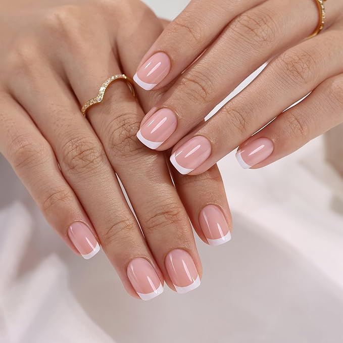 White French Tip Press on Nails - Soft Gel Square Nails Short for Women Gift, Fit Perfectly & Natural Stick on Nails with Glue in 16 Sizes - 32 Reusable Fake Nails, White French