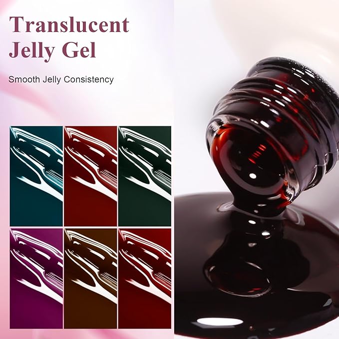 10ml Hema Free Gel Nail Polish Set, 6 Colors Transparent Jelly Gel Polish Kit Sheer Jelly Dark Red Deep Green Brown Blue Purple Color Manicure Gift for Art DIY and Salon