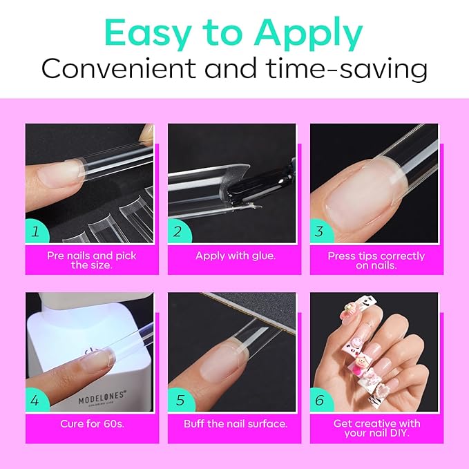 modelones Duck Nail Tips, Short Flare Pre-Shape Half Cover Soft Gel Tips Wide Style Acrylic Fake Nails False Clear Press on Extension Gel Kit Manicure DIY at Home 216PCS 12Sizes