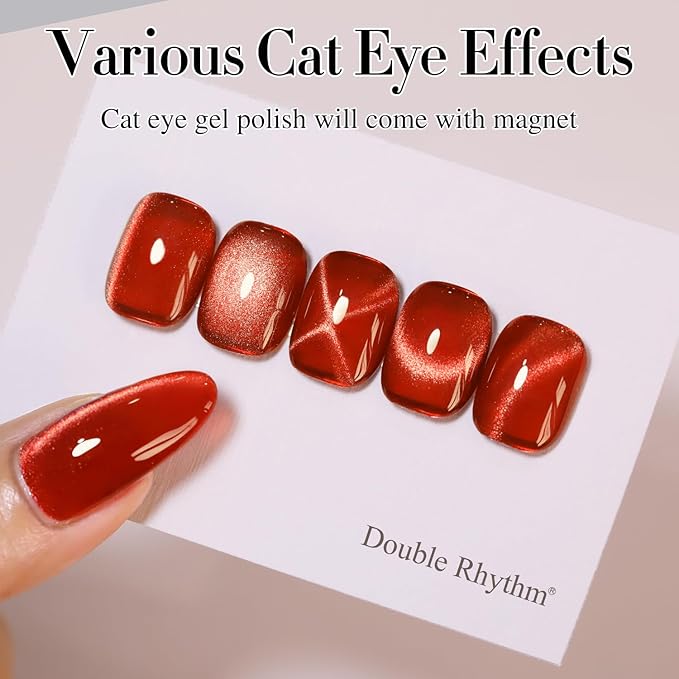 Double Rhythm 0.5 OZ Cat Eye Gel Polish with Magnet 15ML Holographic Glitter Shimmer Translucent Jelly Color Magnetic Nail Polish Salon DIY at Home (Red-MC1055)