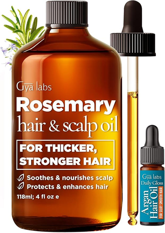 Gya Labs Rosemary & Castor Hair Growth & Styling Oil - 4 Fl Oz - Rosemary to Strengthen Hair - Protect & Tame Frizz, Dry Scalp - Hair & Scalp Hydration with 0.17 Fl Oz Deep Revival Argan Oil