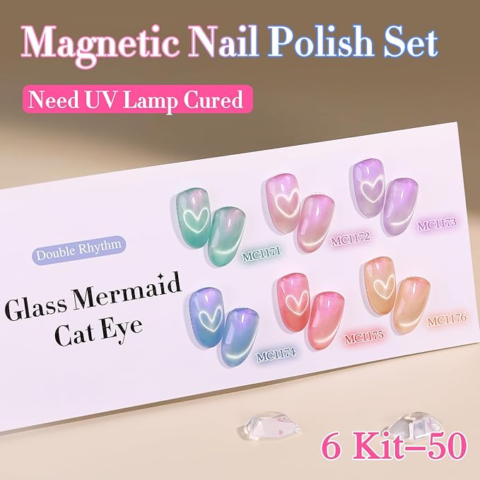 Double Rhythm 6 Colors Cat Eye Gel Polish Set Shimmer Glitter with Magnet Holographic Reflective Magnetic UV Nail Art Kit (6-Kit-50)