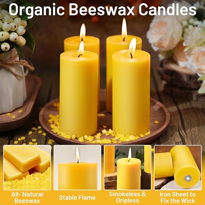 4 Pack Natural Beeswax Pillar Candles, 140 Hours Long Burning, 100% Pure Bees Wax Candles, Organic Emergency Beeswax Candles Bulk for Home Room Prayer Parties Relax, Smokeless & Dripless 2x4in