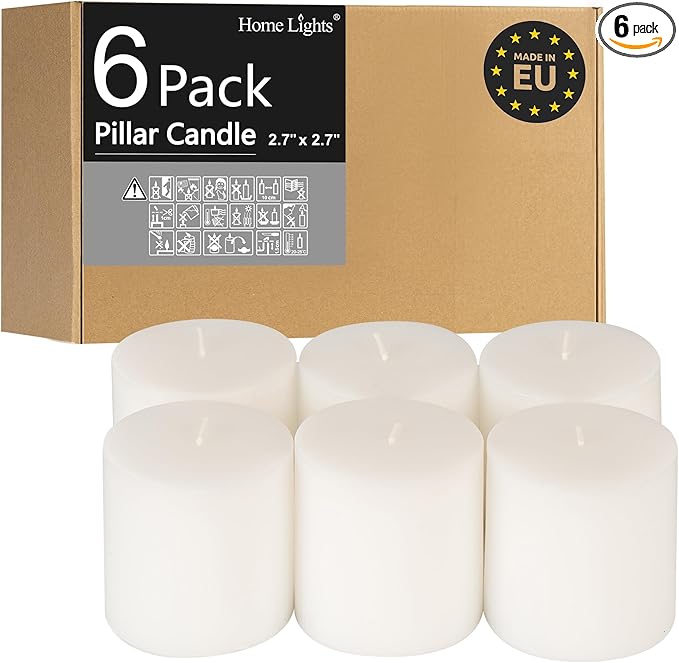 Pillar Candles - 2.7x3 inch | 30 Hours Burning, 6 Count - White Unscented Smokeless European Pillar Candles - Perfect for Wedding, Parties, Spas, Home Gatherings and Dinner