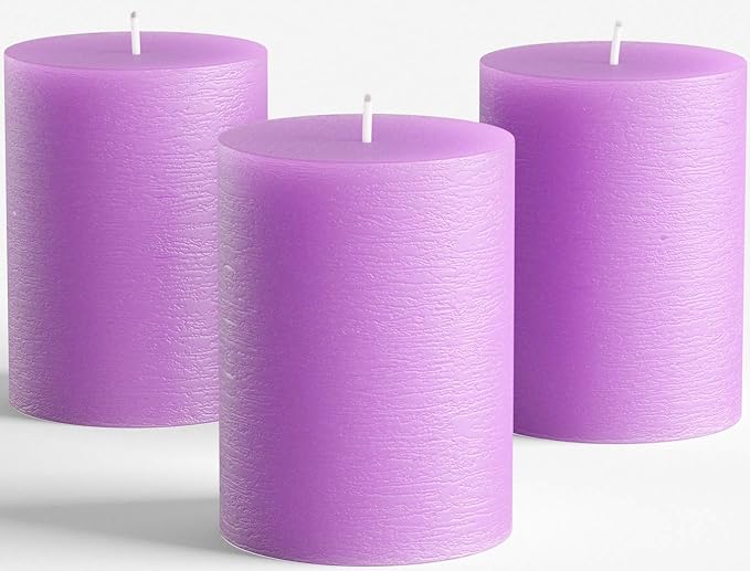 Set of 3 Pillar Candles 3" x 4" Unscented Handpoured Weddings, Home Decoration, Restaurants, Spa, Church Smokeless Cotton Wick - Lilac