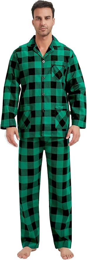 GLOBAL Men's Pajamas Sets 100% Cotton Flannel Sleepwear Long-Sleeve top & Bottom
