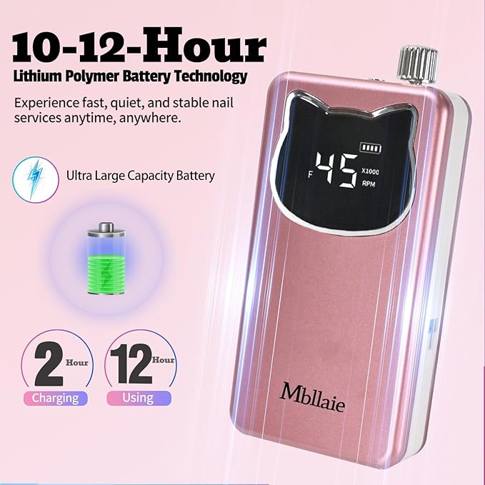 Professional Nail Drill File 45000RPM Electric Portable Nails Drills Kit with Rechargeable 7 uñas Bits Cordless Efile for Poly Gel Acrylic Nails Remover Home Salon Pedicure Manicure Tool (Rose Pink)