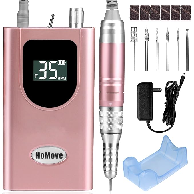 Professional Nail Drill Machine, HoMove 35000RPM Portable Nail Drills, Rechargeable Efile Nails Drill, Low Heat Electric Nail File for Acrylic Gel Nails(Rose Gold)