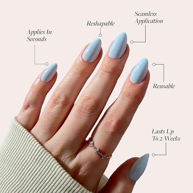 Glamnetic Press On Nails - Blueberry Milk | Solid Opaque Light Blue Short Almond Nails, Salon Quality | 15 Sizes - 30 Nail Kit