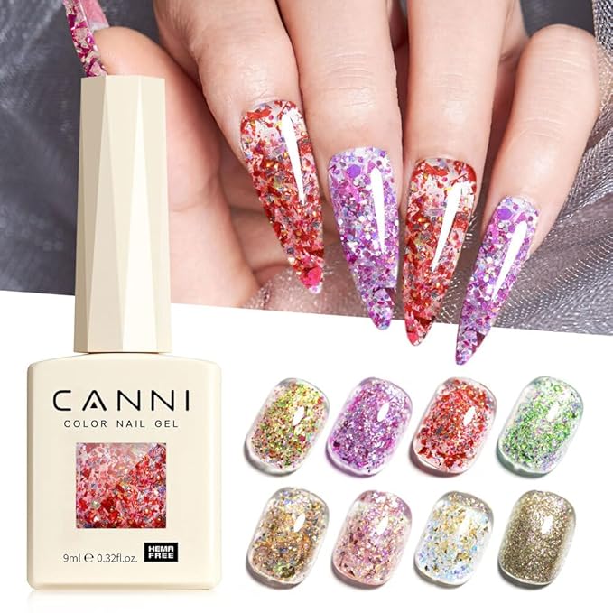CANNI 8 Pcs 9 ML Glitter Gel Nail Polish Set, Shimmer Sparkly Red Shiny Pink Yellow Purple Blue Colors Gel Polish Kit Soak Off Led Nail Art Manicure Salon DIY