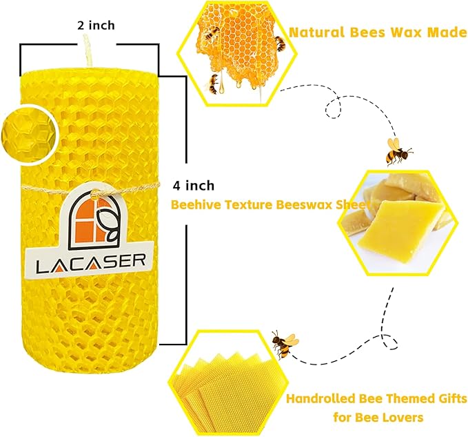Lacaser Beeswax Pillar Candles Bulk Set of 4, Bees Wax Candles for Home, Size 2"X4", Unscented & Dripless & Smokeless,7 Hours Burn Time Each, Yellow
