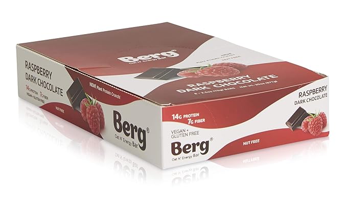 Berg Oat N' Energy Bar | Raspberry Dark Chocolate | Plant Based Protein Bar | Non-GMO, Gluten Free, Nut Free and Vegan | Low Sugar, Healthy Snack Bar | High Fiber | On The Go | 2.5oz (8 Packs)