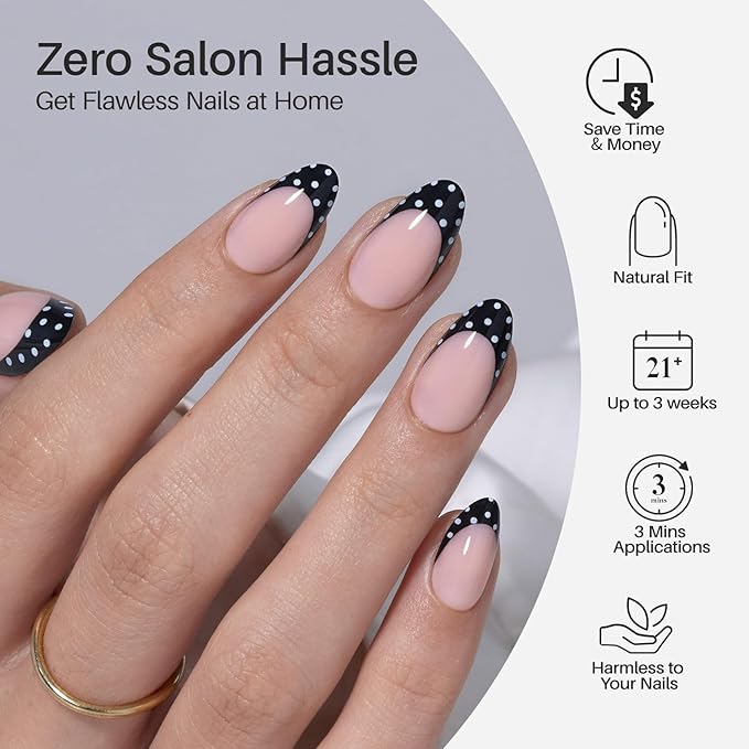 Black French Tip Press on Nails Short - Polka Dots, Soft Gel Almond Press on Nails for Women, Seamless Fit Glue on Nails in 16 Sizes - 32 Reusable Fake Nails Kit with Glue