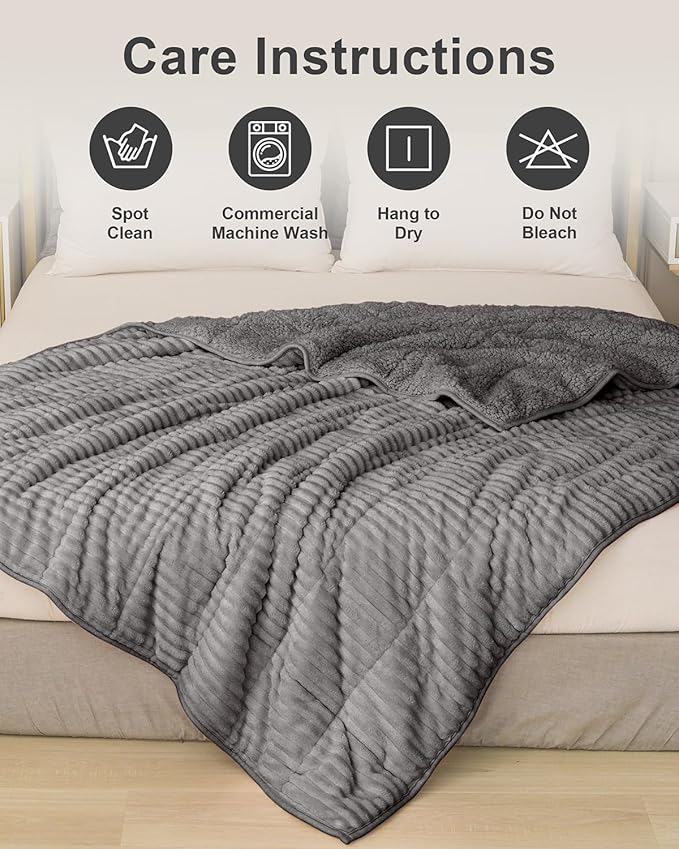 Sherpa Fleece Weighted Blanket with Ribbed Stripes for Adults, 15 lbs Dual Sided Cozy Warm Blanket for Couch Full Size Bed, Ceramic Beads Heavy Thick Blankets Great for Sleep, Grey, 60" x 80"