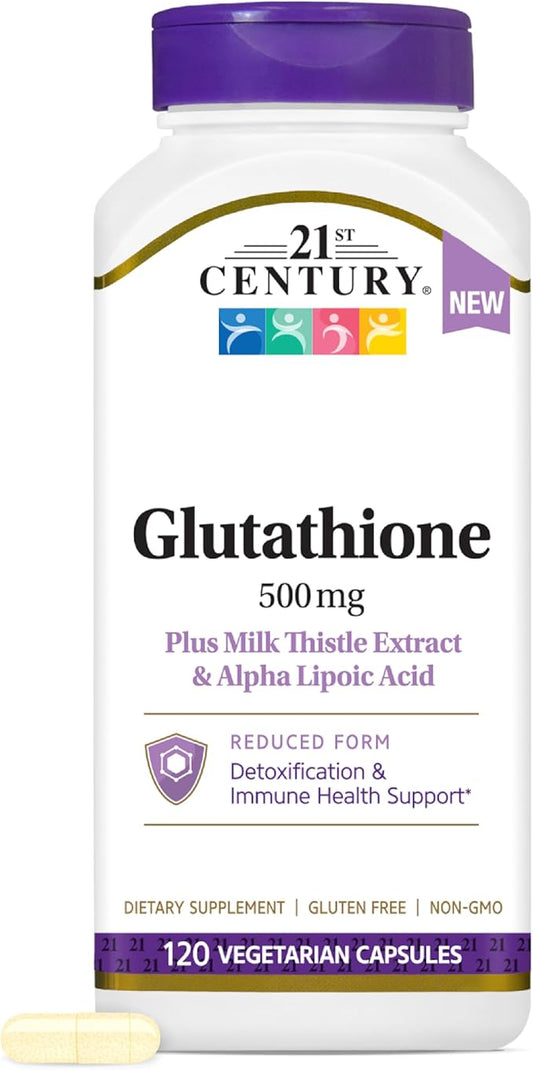 21st Century Glutathione 500 mg Plus Milk Thistle Extract & Alpha Lipoic Acid Capsules (120 Count), Reduced Form, Combats Harmful Radicals, Supports Cellular & Immune Health, Non-GMO, Gluten-Free