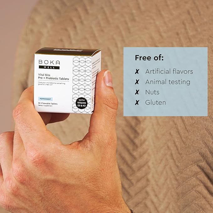 Boka Vital Bite Oral Pre + Probiotics - Sugar-Free Nut-Free Chewable Dental Probiotics for Teeth and Gums with BLIS K12, Vitamin D3 K2 for Men Women, Freshens Breath - Peppermint, 30 ct