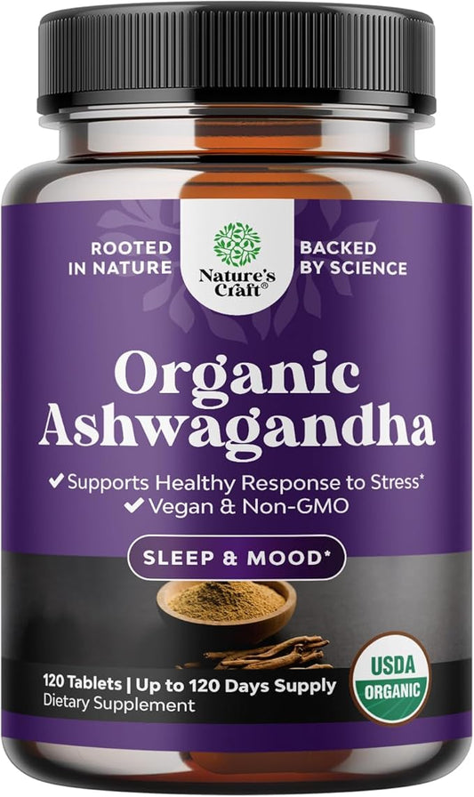 High Strength Organic Ashwagandha Supplements - Ashwagandha Organic Tablets for Mood Support & Hormone Balance for Women & Men - Root Extract Powder with Black Pepper for Better Absorption - 120 Ct