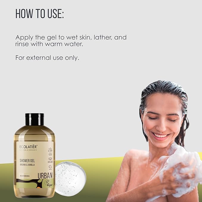 ECOLATIÈR Vanilla Body Wash with Organic Argan Oil - Moisturizing Natural Body Wash for Women & Men, 97.5% Natural Ingredients, Vegan, Hydrating & Antioxidant Care for Soft, Smooth Skin, 20.3 Fl Oz