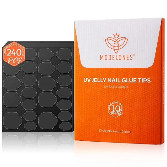 modelones Nail Adhesive Tabs 240pcs - UV Jelly Nail Glue Stickers for Press on Waterproof Breathable Double Sided Sticky Tabs Need Curing 10 Sheet 12 Sizes