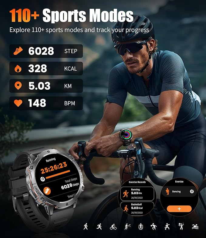 LIGE Smart Watches for Men with 900mAh Battery(60+Standby),1.73" AMOLED with Bluetooth Call,110+ Sports Mode Tactical Fitness Tracker/Heart Rate Sleep Health Monitor/Android iOS Military Smart Watch