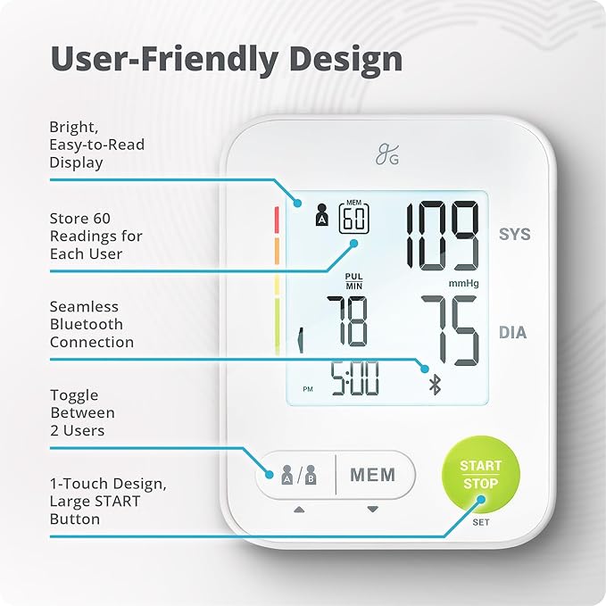 Greater Goods Bluetooth Blood Pressure Monitor for Home Use, Upper Arm BP Machine with Wide Range Cuff, Accurate Digital Readings, Balance Health App, Compatible with iOS and Android Devices