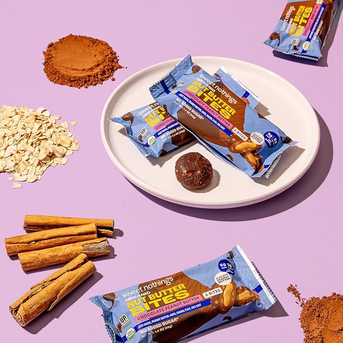 Sweet Nothings, Chocolate, USDA Organic Nut Butter Bites Protein Bar, Nut & Date Snack, Filled with Peanut Butter, 12-2 Bite Value Packs - No Added Sugar, Good Source of Fiber, Only 7 Ingredients