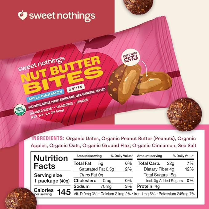 Sweet Nothings, Variety Pack: Chocolate, Apple Cinnamon, and Oatmeal Raisin, USDA Organic Nut Butter Bites Protein 6-2 Bite Value Packs (2 of each flavor) - No Added Sugar, Good Source of Fiber, Only 7 Ingredients