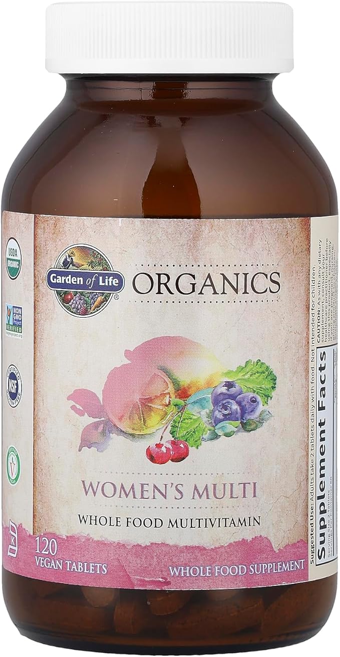 Garden of Life Organics Multivitamin for Women, Womens Multi with Vitamin C, D, Folate, B6, B12, Biotin, Iron, Vegan Whole Food Vitamins for Women, Energy, Skin, Nails, 120 Tablets