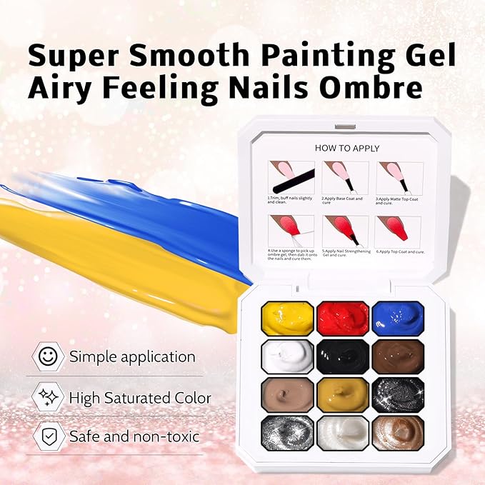Metallic Gel Polish Set, Glitter Golid Silver Brown Blue Red, 12 Colors Ombre Patting Gel Nail Polish Palette,100 Sponges 6 Brushes 1 Grabber, Painting Art No Wipe UV/LED Cured (Palette F)