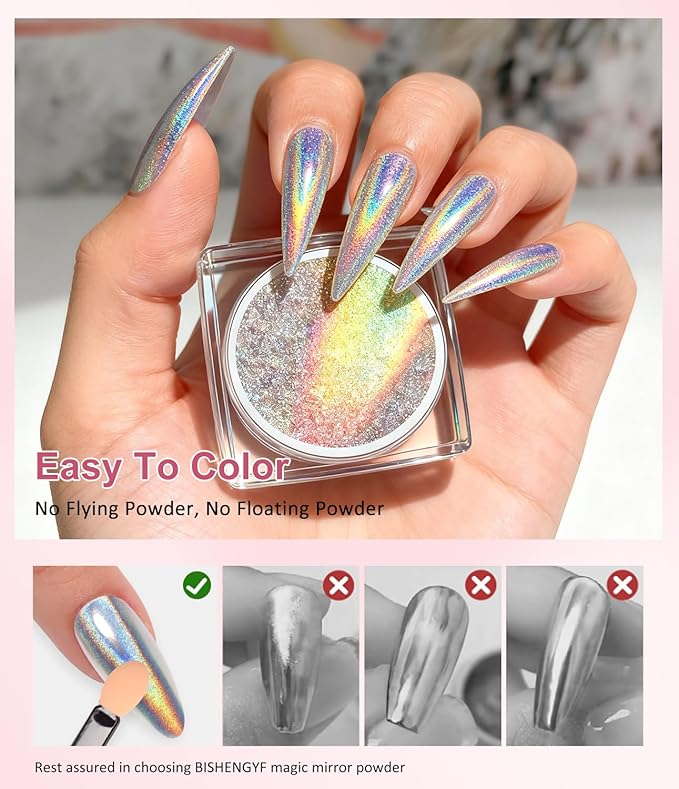 Gold Chrome Nail Powder - 4 Colors Christmas Red Green Laser Gold Nail Chrome Powder, Sparkly Holographic Chrome POwder for Nails Mirror Effect Glitter Pigment Dust - Christmas Nail Design