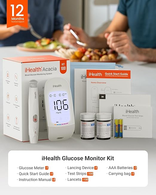 iHealth Acacia Blood Glucose Monitor Kit, 100 Glucometer Strips, 100 Lancets, 1 Blood Sugar Monitor, 1 Lancing Device, 1 Travel Bag, No Coding, Portable Blood Sugar Testing Kit, Diabetes Testing