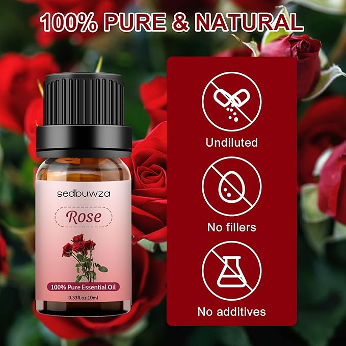 Sedbuwza Rose Essential Oil, 100% Pure Organic Rose Fragrance Oil for Diffuser, Humidifier, Soap, Candle, Perfume - 10ml