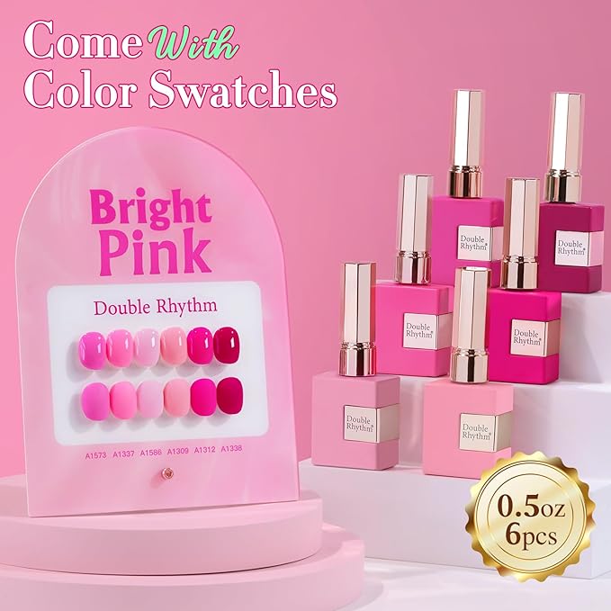 Double Rhythm 6 Pcs 15 ML Gel Polish Set Same Color Same Bottle Soak Off Gel Polish Kit Nail Art Manicure Salon DIY at Home for Women (Bright Neon Light Pink Purple-T6-13)