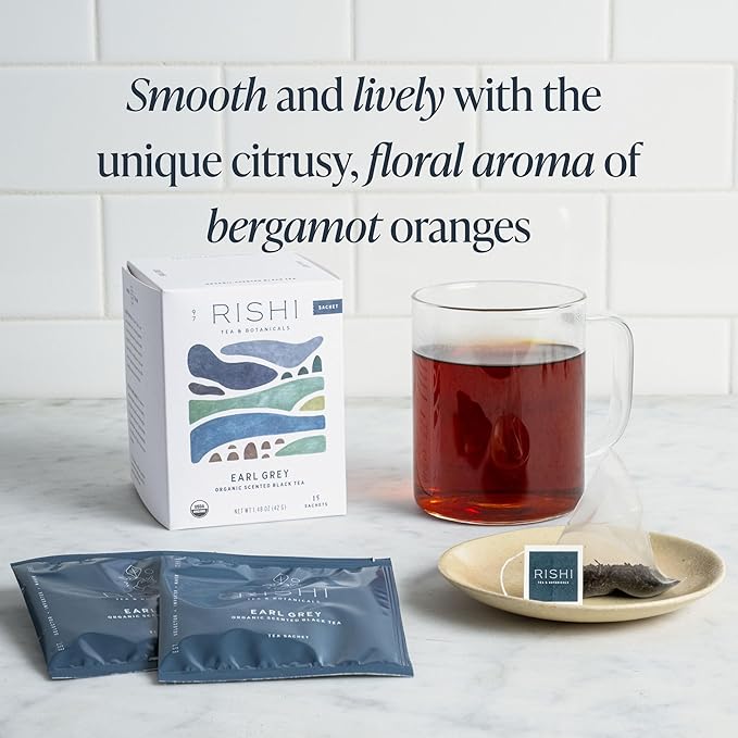 Rishi Tea Earl Grey Tea - Organic Sachet Tea Bags, Pure Black Tea with Bergamot Oil, Energizing & Caffeinated - 15 Count (Pack of 1)