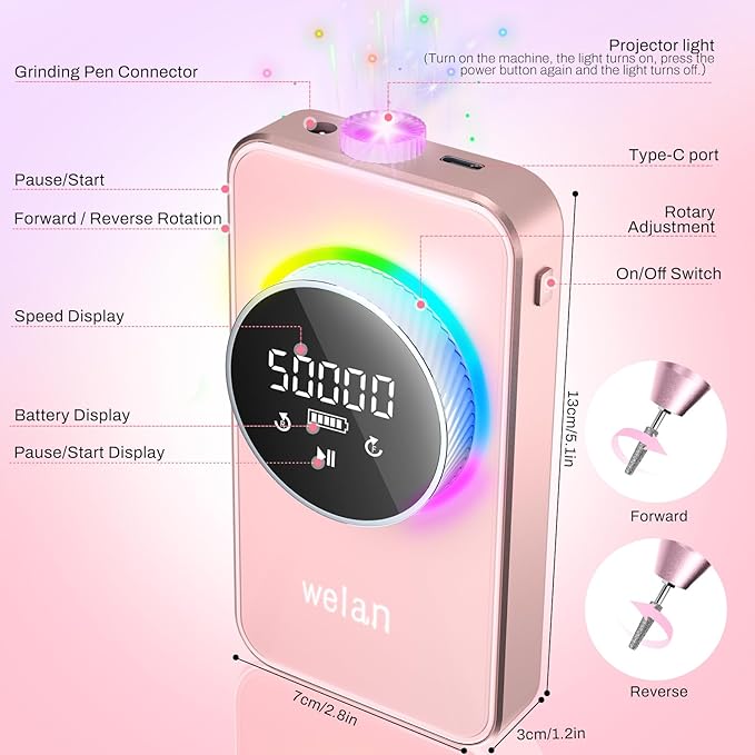 Electric Nail Drill Professional 50000RPM, 2025 Pro Fast Removal Electric Nails Drill, 6000mAh Rechargeable Portable Nail Drill Machine for Acrylic Gel Nails, Manicure Polishing for Salon Home