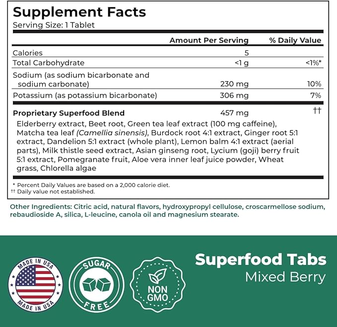 Superfood Tabs Superfoods Company Detox Cleanse Drink - Nutrition Supplement for Women & Men - Support Healthy Weight, Digestive Health, Cravings & Bloating Relief - Mixed Berry Flavor [60 Tablets]
