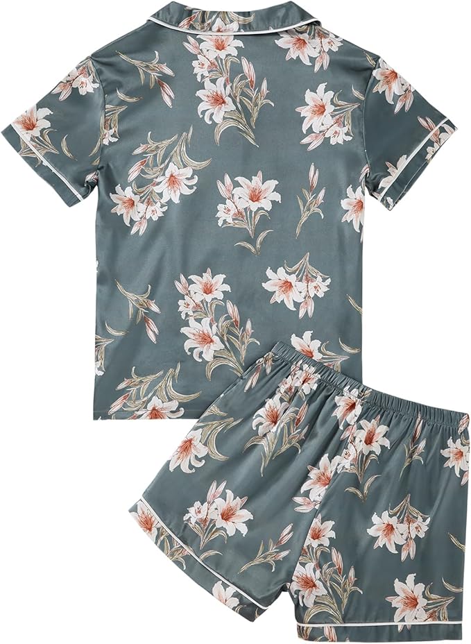 LYANER Women's Satin Silky Short Sleeve Button Shirt Sleepwear 2Piece Pajama Set