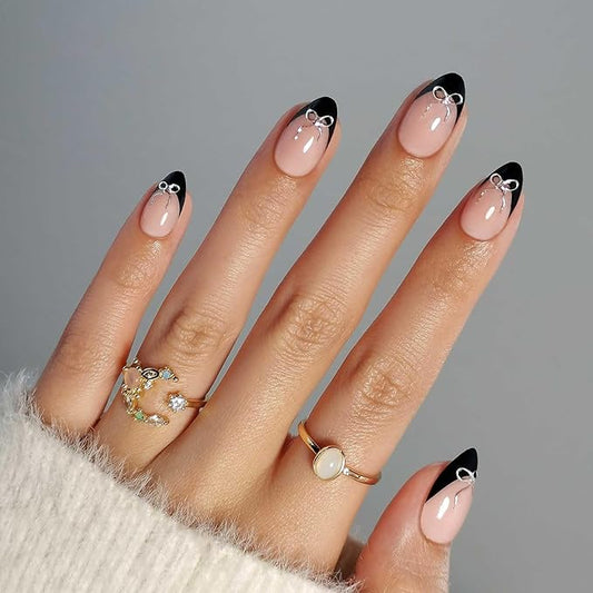 Black French Tip Press on Nails Short with 3D Bow Design - Soft Gel Almond Fake Nails for Women Gift, Natural Stick on Nails with Glue in 16 Sizes - 32 Reusable Nails, Silver Ribbon