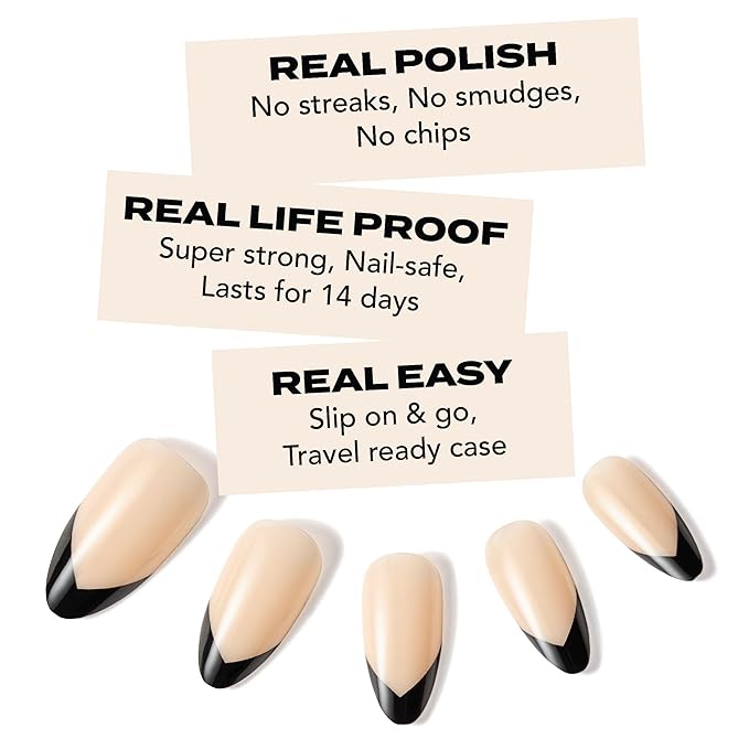 Black French Tip Long Press-On Nails – Hard Candy Glossy Gel-Shine False Nail Kit with Nail Glue, 30 Pieces, Reusable (Black Tip, Long)
