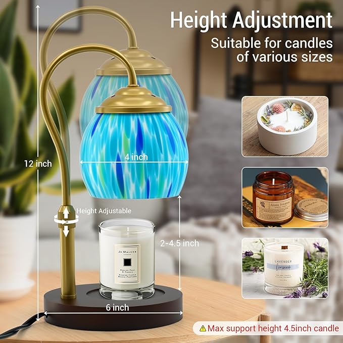 Stained Glass Candle Warmer Lamp with Timer Dimmer, Height Adjustable Candle Warmer with 2 Bulbs, Wax Melt Warmer for Scented Jar Candle, Valentine's for Women,Mom,Her