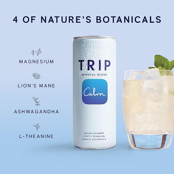 Trip Mindful Blend, Lightly Sparkling Adaptogen Seltzer, Mocktail w/ 120mg Magnesium Citrate with Ashwagandha, Lions Mane & L Theanine, No Added Sugar, Vegan, Melon Cucumber, 12 Oz, 12Pk