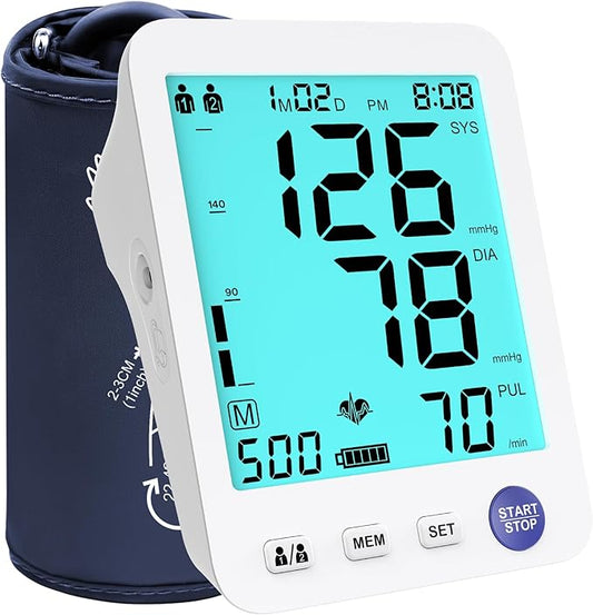 ADKING Automatic Upper Arm Blood Pressure Monitor Home Use, Large BP Cuff, Large Backlit Display, 2X500 Memories, Nylon Carry Case (Blue)