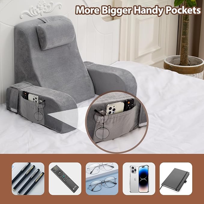 Reading Pillow for Sitting in Bed Adult, Back Pillow for Sitting Up in Bed with Arm Rest, Suitable for Gaming,Watching TV on Floor, 19in 4Pcs, Grey
