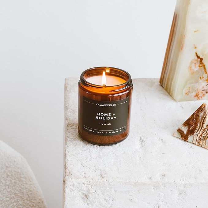Calyan Wax Co. Home & Holiday Scented Candle - 57 Hour Burn - Luxury Non Toxic Soy Wax Candles - Long Lasting Amber Glass Jar Candle for Home - 7.2oz