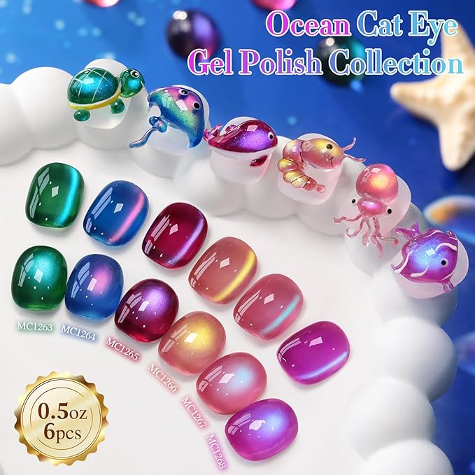 Double Rhythm Cat Eye Gel Nail Polish Set of 6 Same Color Same Bottle 0.5 Oz Shimmer Glitter with Magnet Holographic Reflective Magnetic UV Nail Polish Kit at Home (Glass Galaxy Green-T6-59)