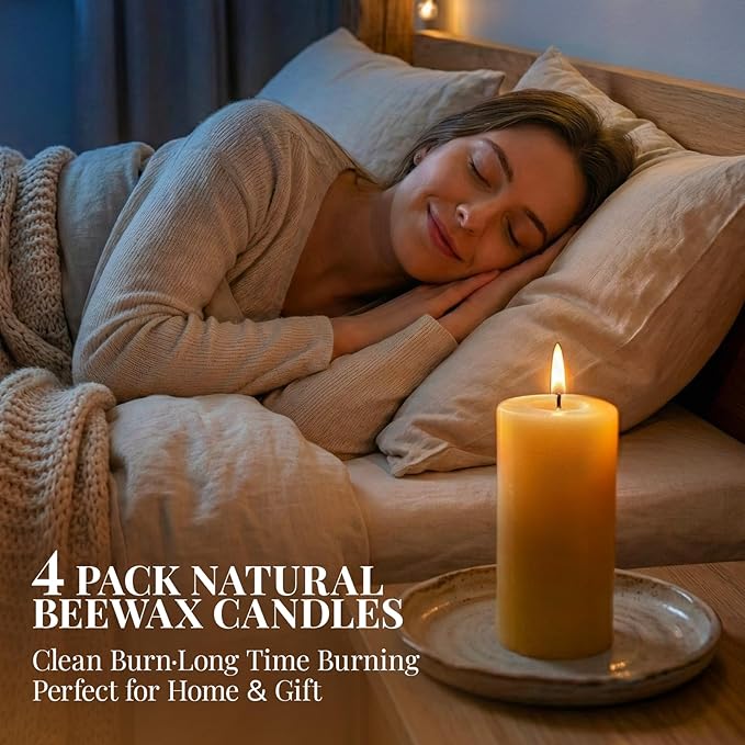 Natural Beeswax Candles 4 Packs, 100% Pure Beeswax Pillar Candles with 140 Hours Long Burning Time, Organic Bee Wax Candle for Home, Paryer, Parties Smokeless & Dripless, 2x4 inch