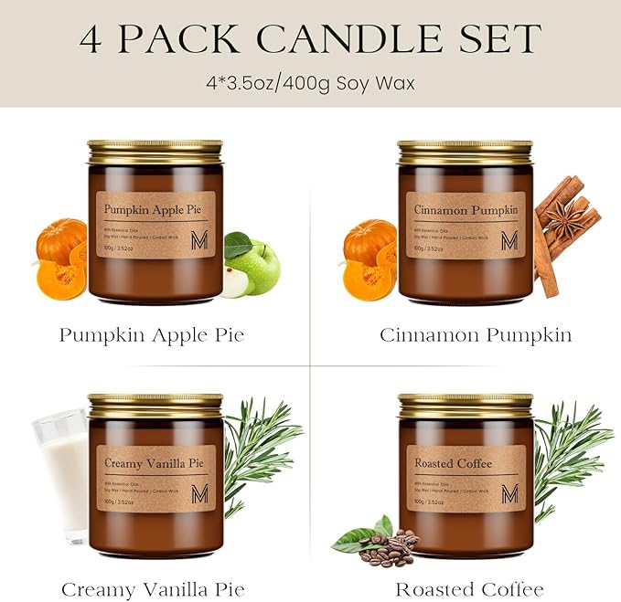 M&SENSE 4 Pack Candles for Home Scented Fall Candle Gift Set for Women Soy Wax Long Lasting Amber Jar Candles Gift for Halloween Thanksgiving Day