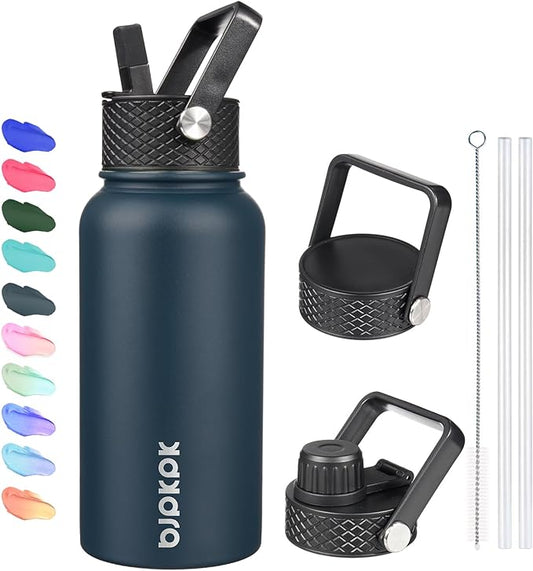 BJPKPK Insulated Water Bottles with Straw Lid, 27oz Stainless Steel Water Bottle with 3 Lids, Leak Proof BPA Free Metal Thermo, Mugs, Tumblers, Keep Cold Hot - Navy Blue