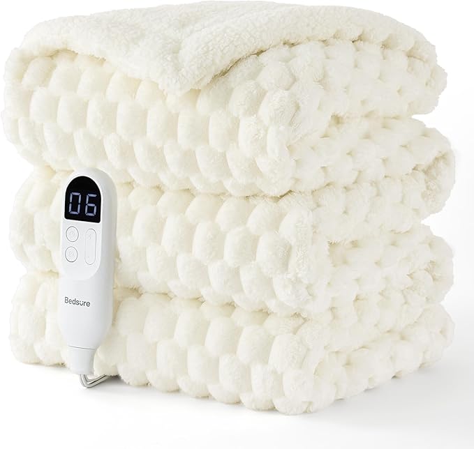 Bedsure Electric Blanket Twin Size - Super Soft Flannel Sherpa Heated Blanket with Bubble Pattern, Heating with 6 Heating Levels, 10 Time Settings, and 8-Hour Auto-Off (Coconut White, 62x84 inches)